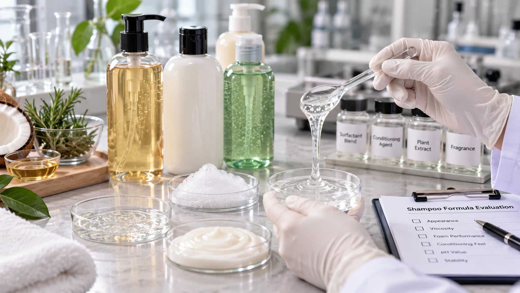 Shampoo formulation evaluation showing foam viscosity texture and conditioning performance during private label product development Shampoo formulation evaluation showing foam viscosity texture and conditioning performance during private label product development