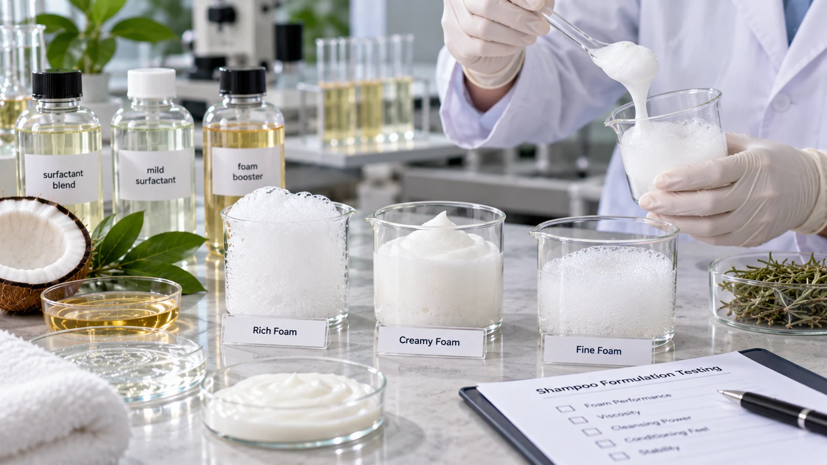 Shampoo surfactant system and foam performance evaluation during custom shampoo formulation development Shampoo surfactant system and foam performance evaluation during custom shampoo formulation development