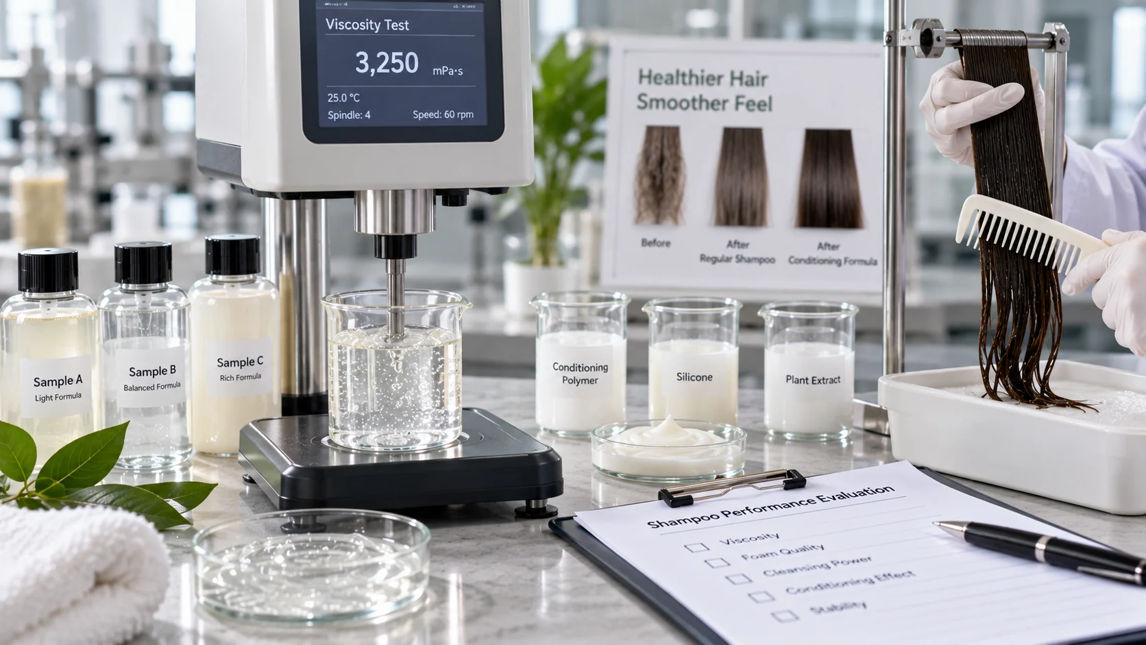 Shampoo viscosity measurement and hair conditioning performance evaluation during OEM formula development and testing Shampoo viscosity measurement and hair conditioning performance evaluation during OEM formula development and testing