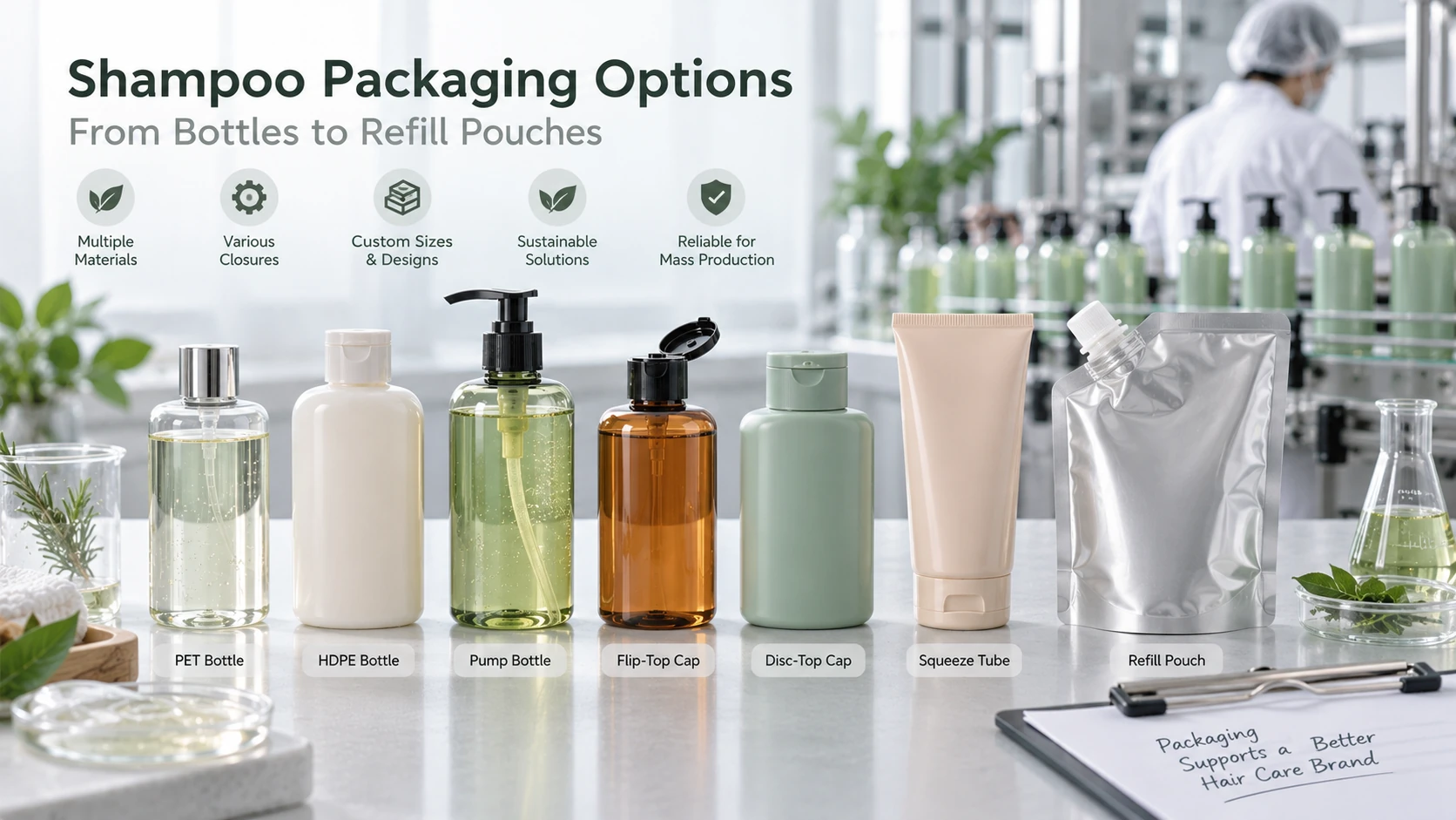 Shampoo packaging options including PET and HDPE bottles pumps flip-top caps squeeze tubes and refill pouches for private label brands Shampoo packaging options including PET and HDPE bottles pumps flip-top caps squeeze tubes and refill pouches for private label brands