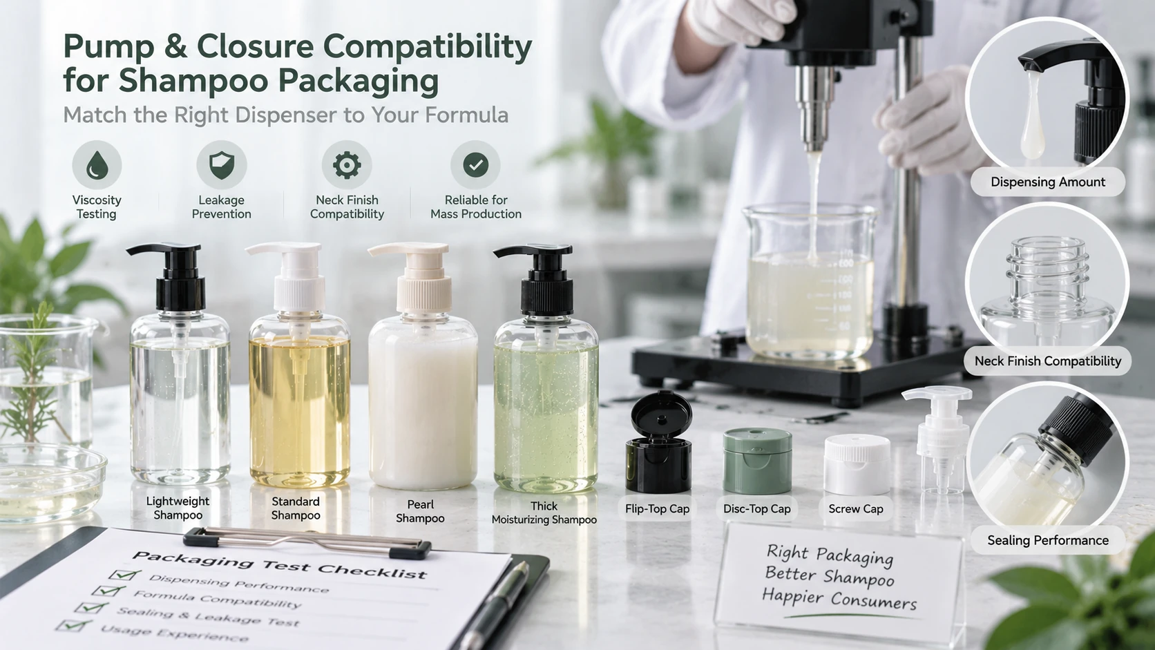 Shampoo pump and closure compatibility evaluation for different viscosities dispensing performance and leakage prevention Shampoo pump and closure compatibility evaluation for different viscosities dispensing performance and leakage prevention