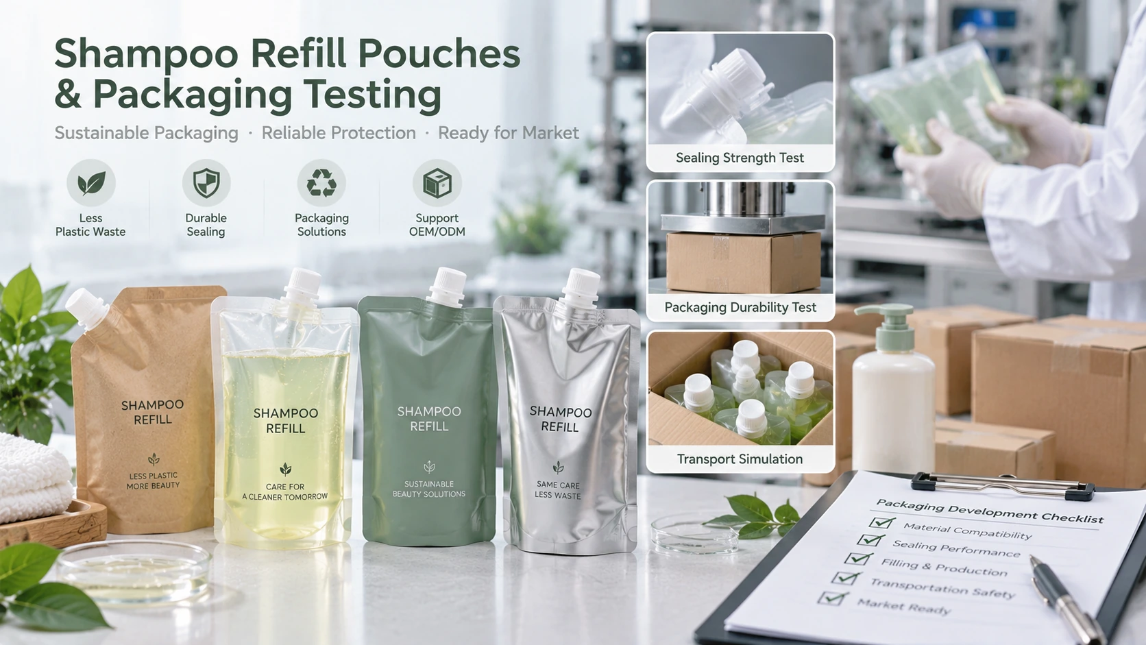 Shampoo refill pouch packaging development showing sealing performance transport testing and OEM packaging compatibility evaluation Shampoo refill pouch packaging development showing sealing performance transport testing and OEM packaging compatibility evaluation