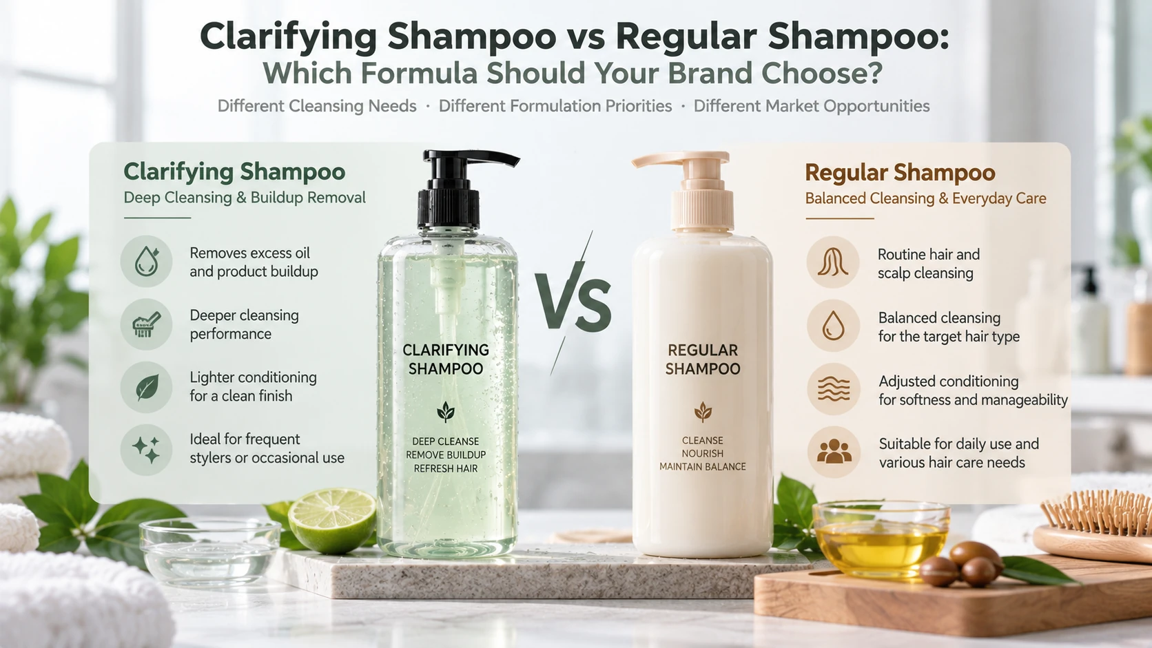 Clarifying shampoo vs regular shampoo comparison showing deep cleansing buildup removal and balanced daily hair care for private label brands Clarifying shampoo vs regular shampoo comparison showing deep cleansing buildup removal and balanced daily hair care for private label brands