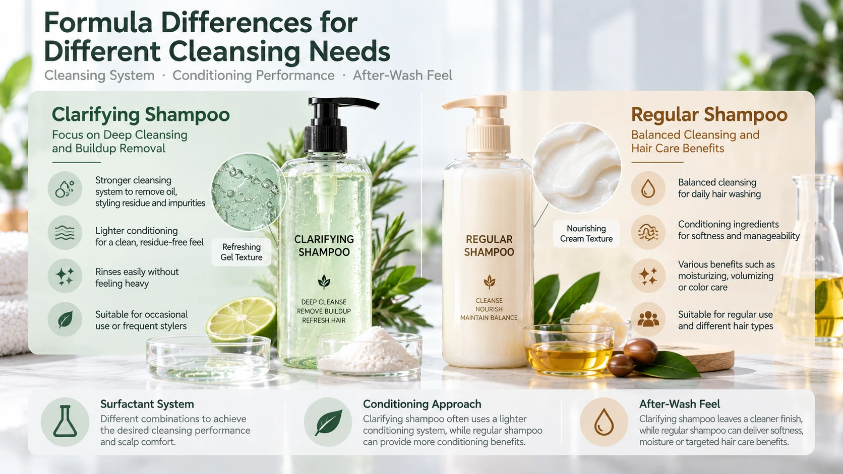 Clarifying shampoo vs regular shampoo formulation differences in cleansing systems conditioning ingredients and after-wash feel Clarifying shampoo vs regular shampoo formulation differences in cleansing systems conditioning ingredients and after-wash feel