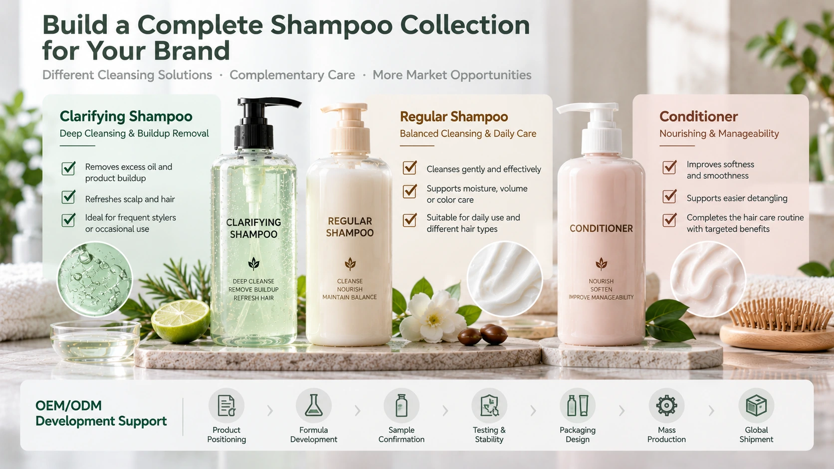 Private label hair care product line featuring clarifying shampoo regular shampoo and conditioner with OEM ODM customization options Private label hair care product line featuring clarifying shampoo regular shampoo and conditioner with OEM ODM customization options