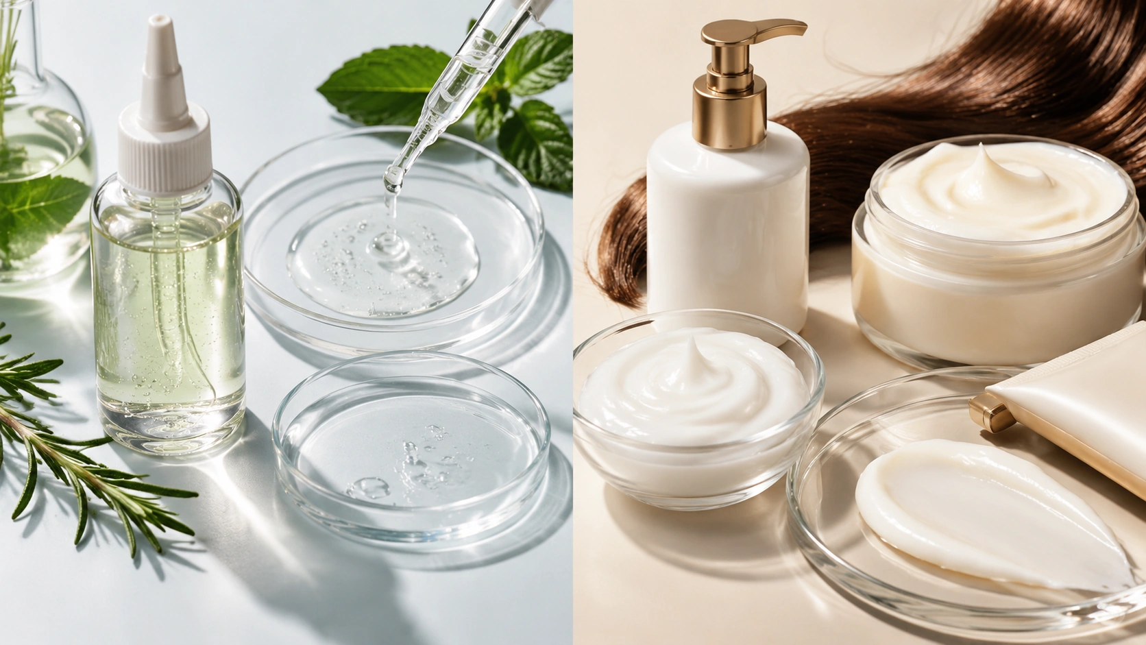 Scalp serum and hair conditioner comparison showing lightweight liquid textures and rich conditioning cream Scalp serum and hair conditioner comparison showing lightweight liquid textures and rich conditioning cream