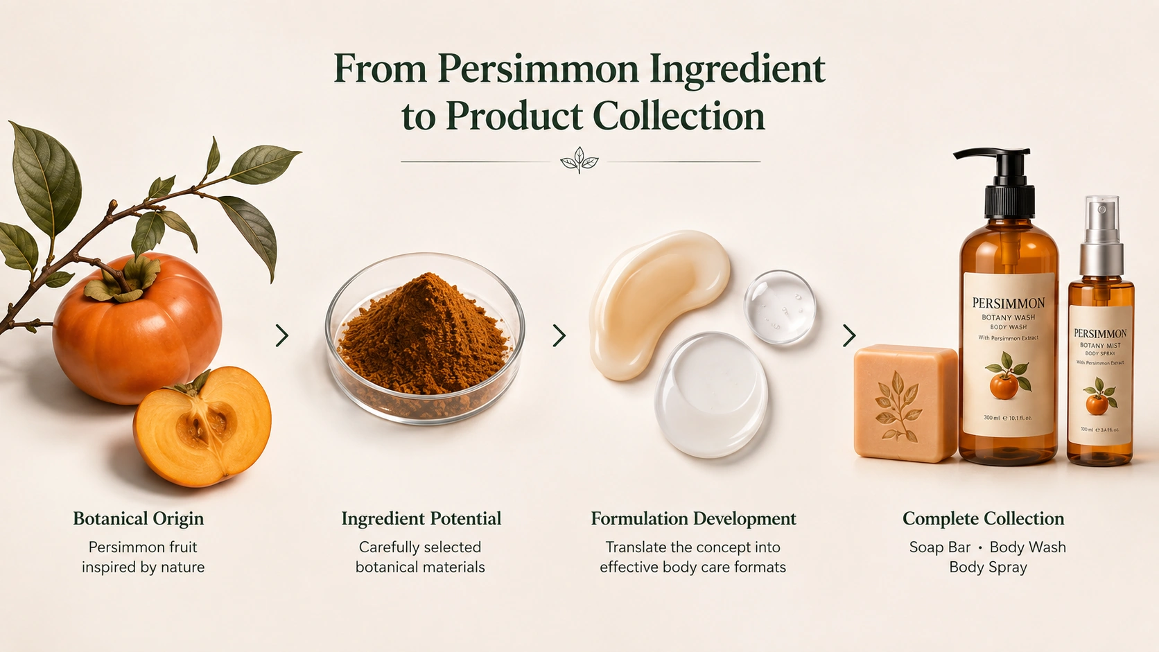 Persimmon botanical ingredient developed into a coordinated body care collection Persimmon botanical ingredient developed into a coordinated body care collection