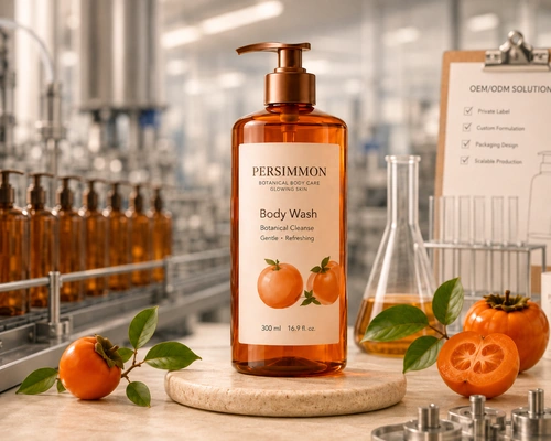 Custom persimmon body wash with OEM manufacturing and formulation development background Custom persimmon body wash with OEM manufacturing and formulation development background