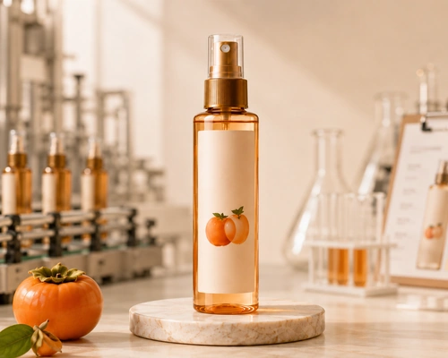 Private label persimmon body spray with OEM production and packaging development background Private label persimmon body spray with OEM production and packaging development background