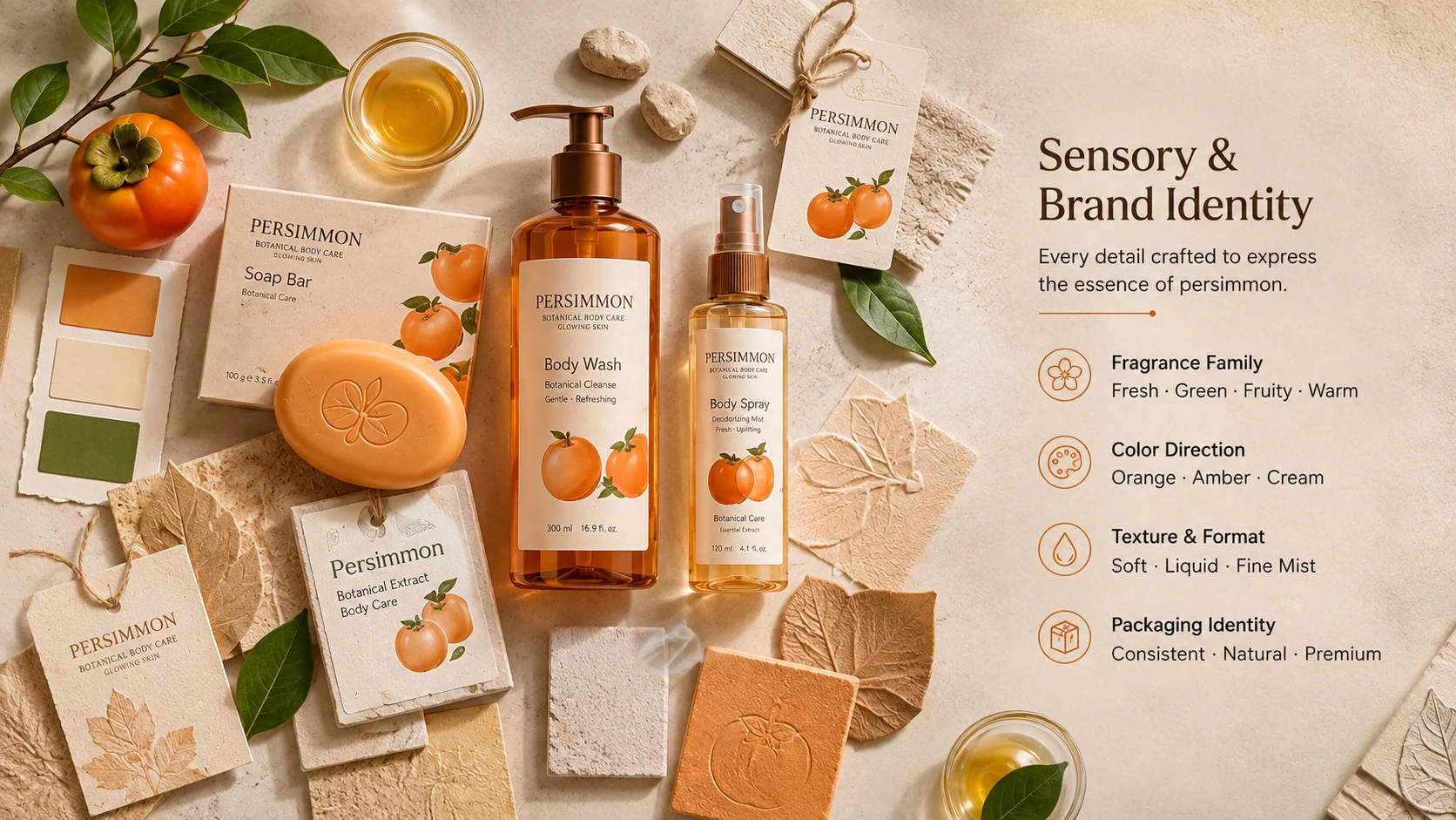 Coordinated persimmon body care collection with unified fragrance and packaging identity Coordinated persimmon body care collection with unified fragrance and packaging identity