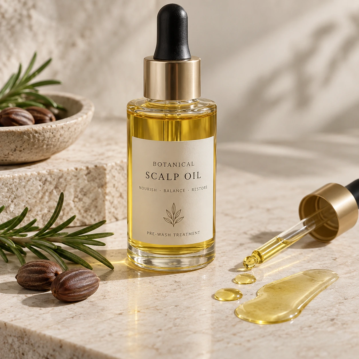 Botanical scalp oil with rosemary jojoba carrier oils and dropper packaging Botanical scalp oil with rosemary jojoba carrier oils and dropper packaging