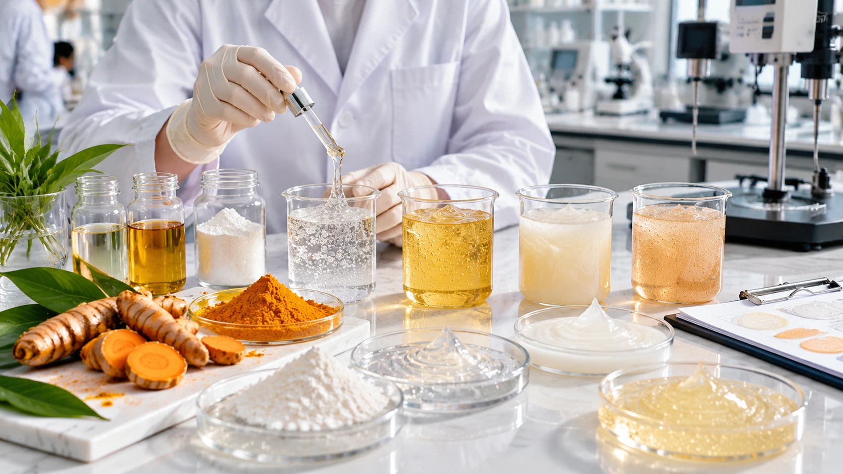 Cosmetic formulation specialist evaluating kojic acid body wash samples with different textures and ingredient blends Cosmetic formulation specialist evaluating kojic acid body wash samples with different textures and ingredient blends