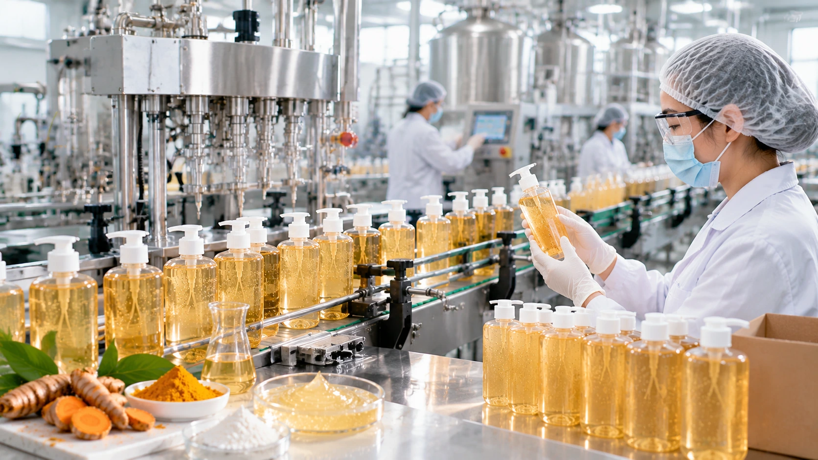 Kojic acid body wash OEM manufacturing with automated bottle filling and finished product quality inspection Kojic acid body wash OEM manufacturing with automated bottle filling and finished product quality inspection